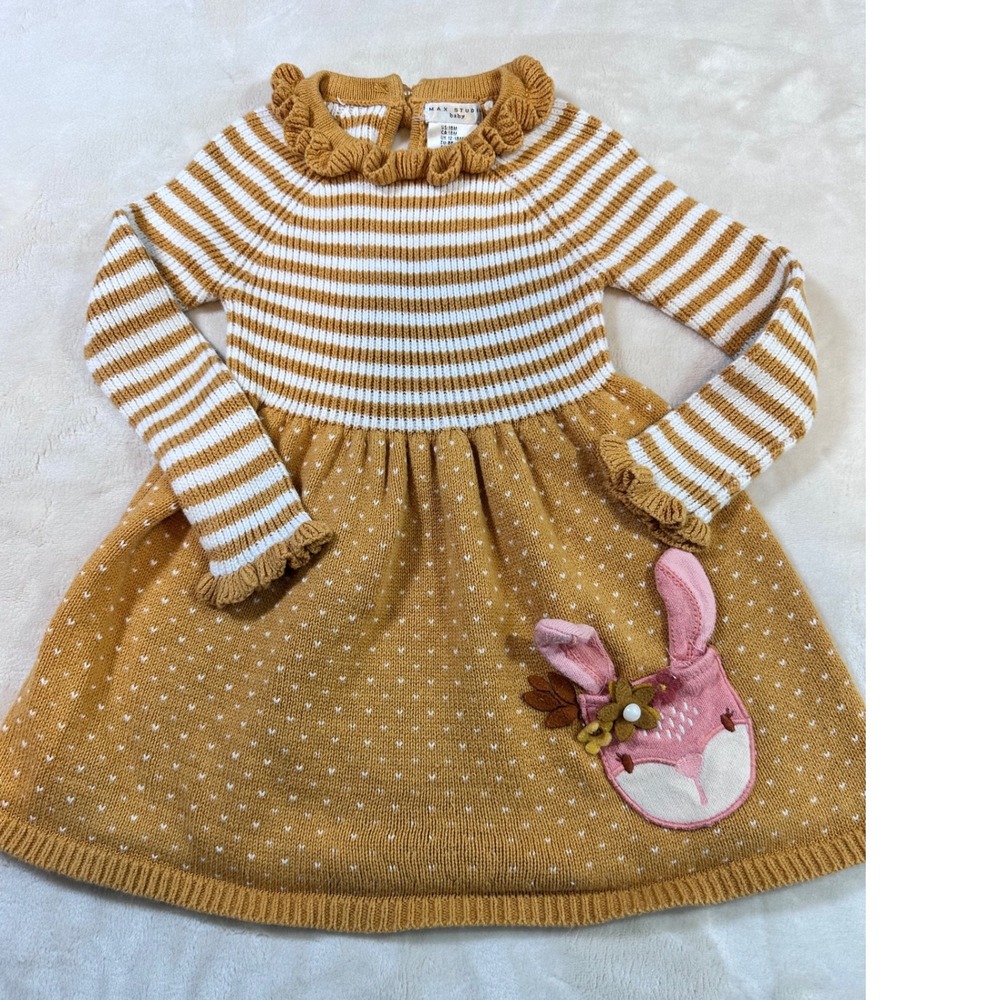 Max Studio Baby Mustard Yellow Striped Bunny Pocket Knit Sweater Dress 18M
